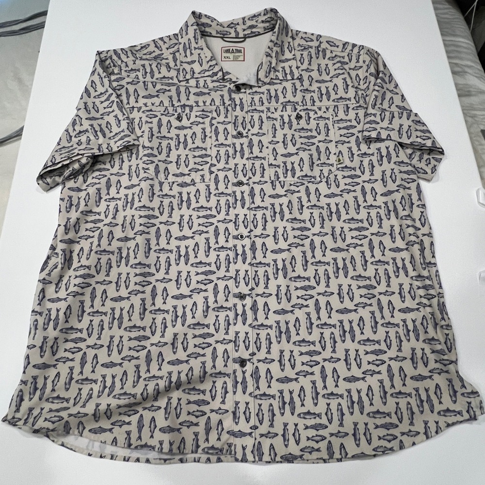 Lake & Trail XXL Coastal Fish Print Performance Fishing Button Up Shirt
